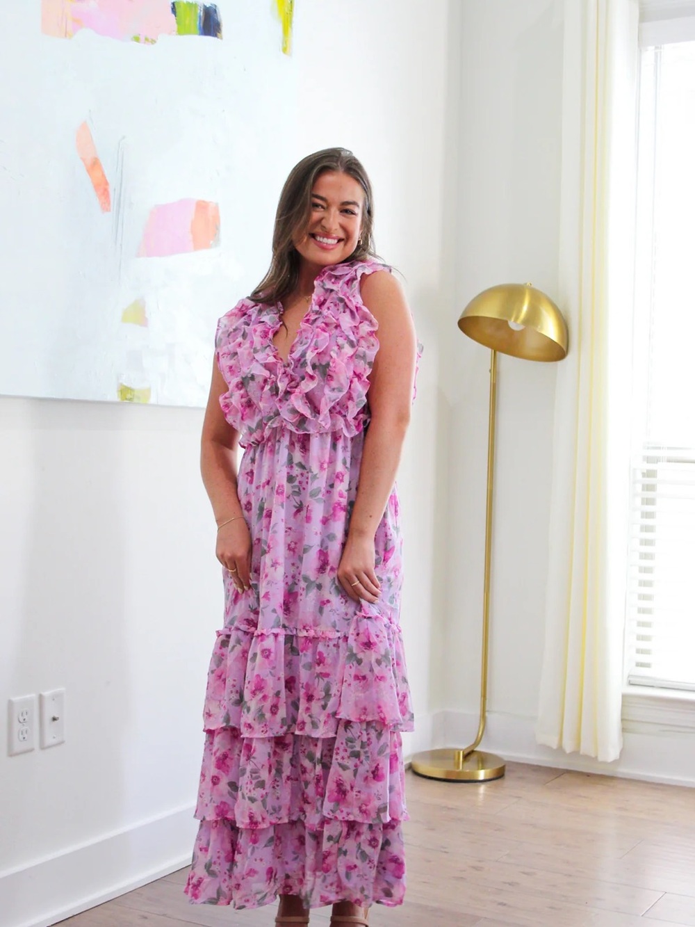 Storia Pink Floral Ruffle Tiered Maxi Dress with V-Neck